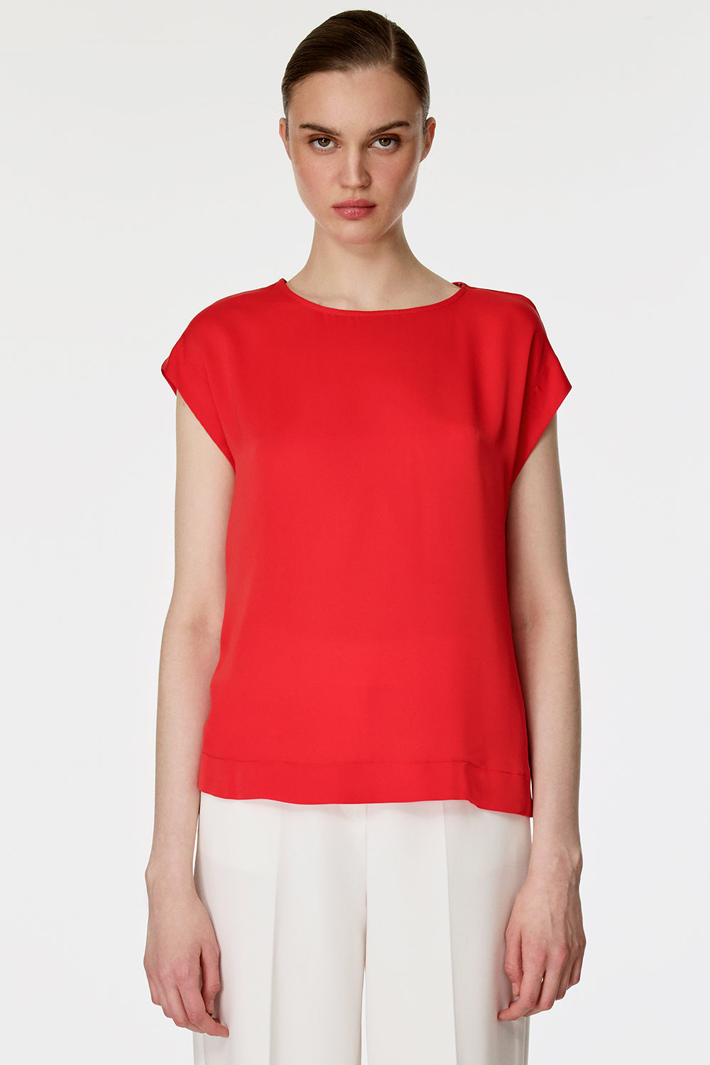 Dökümlü Kumaş Kısa Kollu Bluz KIRMIZI