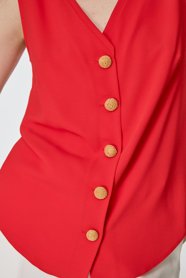 Düğme Detaylı Kolsuz Bluz KIRMIZI