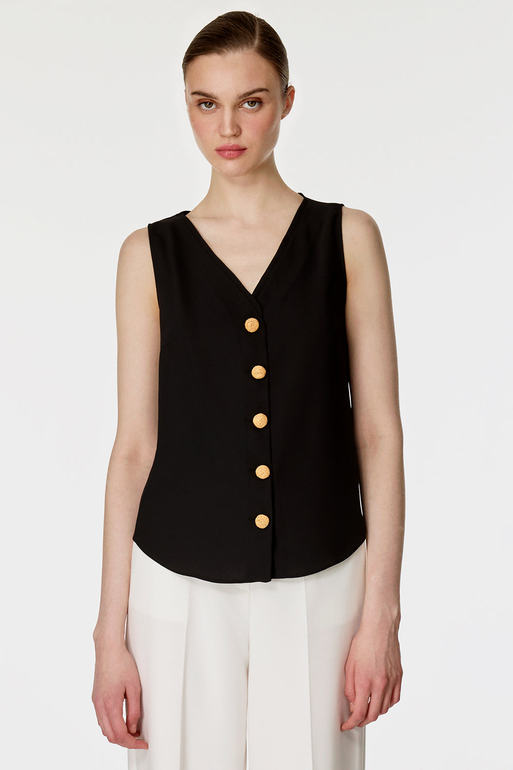 Düğme Detaylı Kolsuz Bluz SİYAH