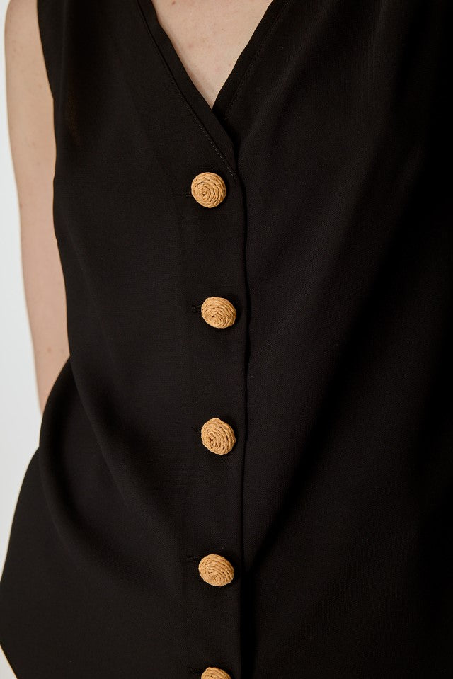 Düğme Detaylı Kolsuz Bluz SİYAH