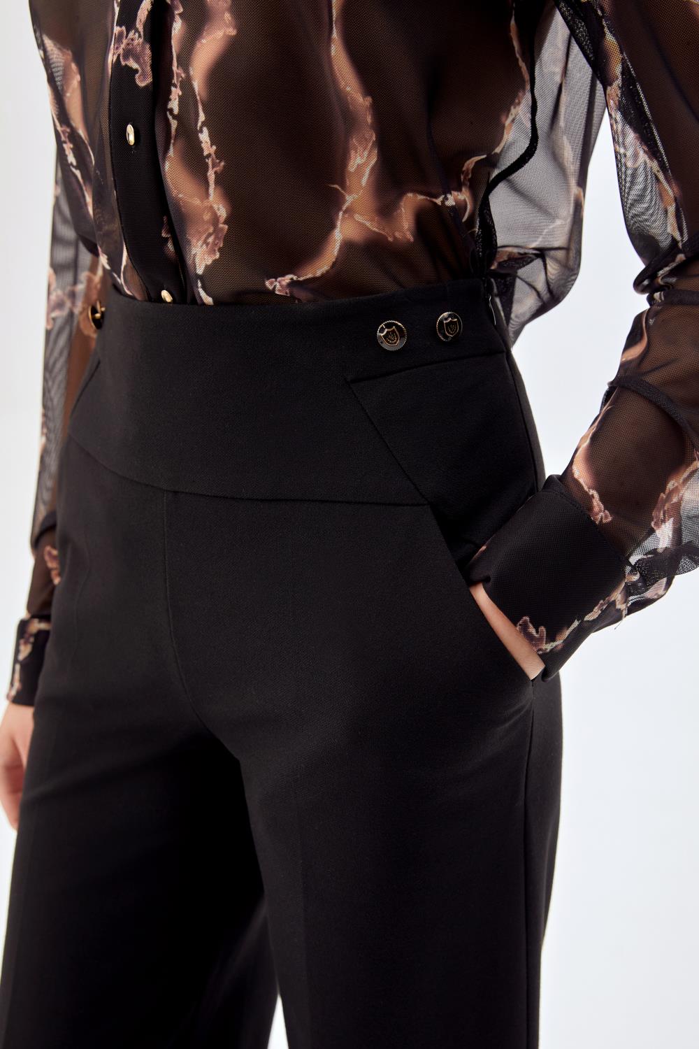 Bol Kesim Yüksek Bel Likralı Kumaş Pantolon SİYAH