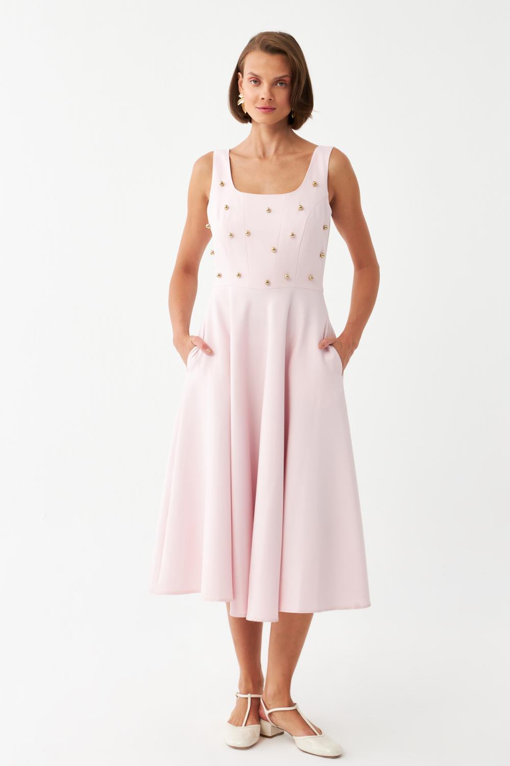 İnci Düğmeli Midi Elbise