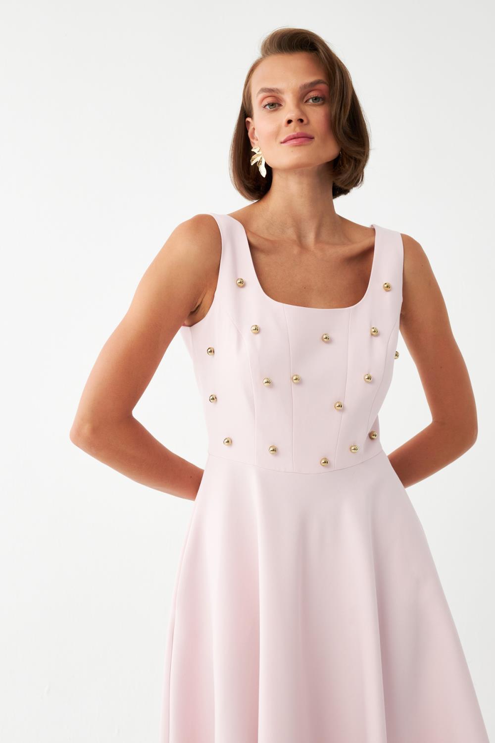 İnci Düğmeli Midi Elbise