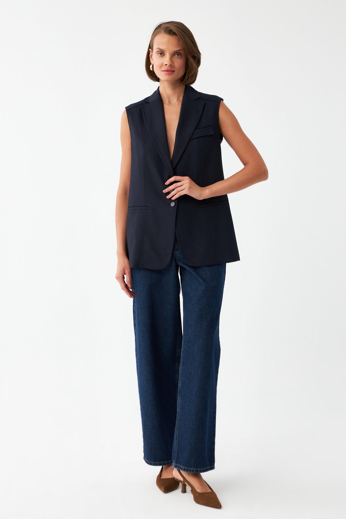 Kolsuz Lacivert Blazer Yelek