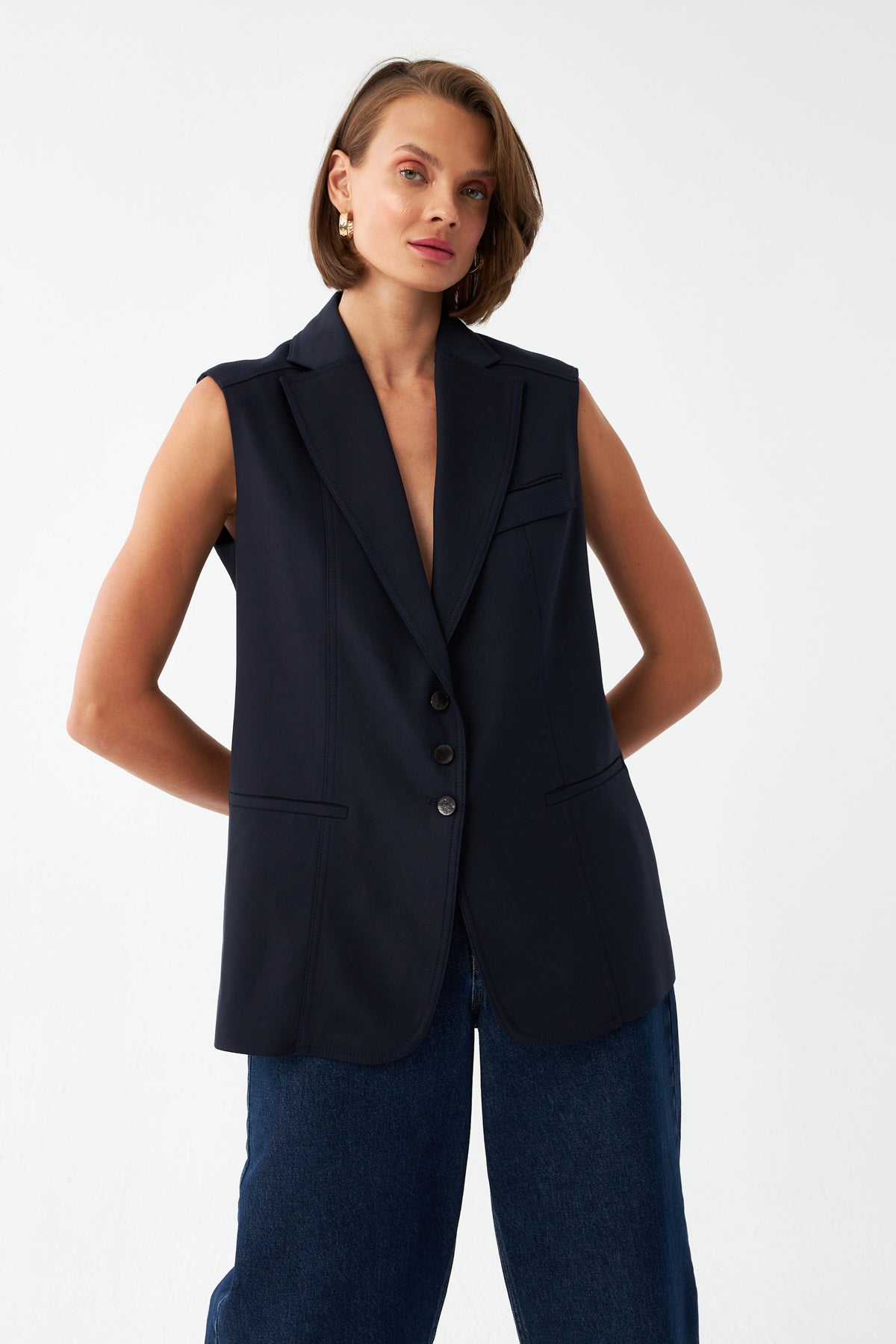 Kolsuz Lacivert Blazer Yelek