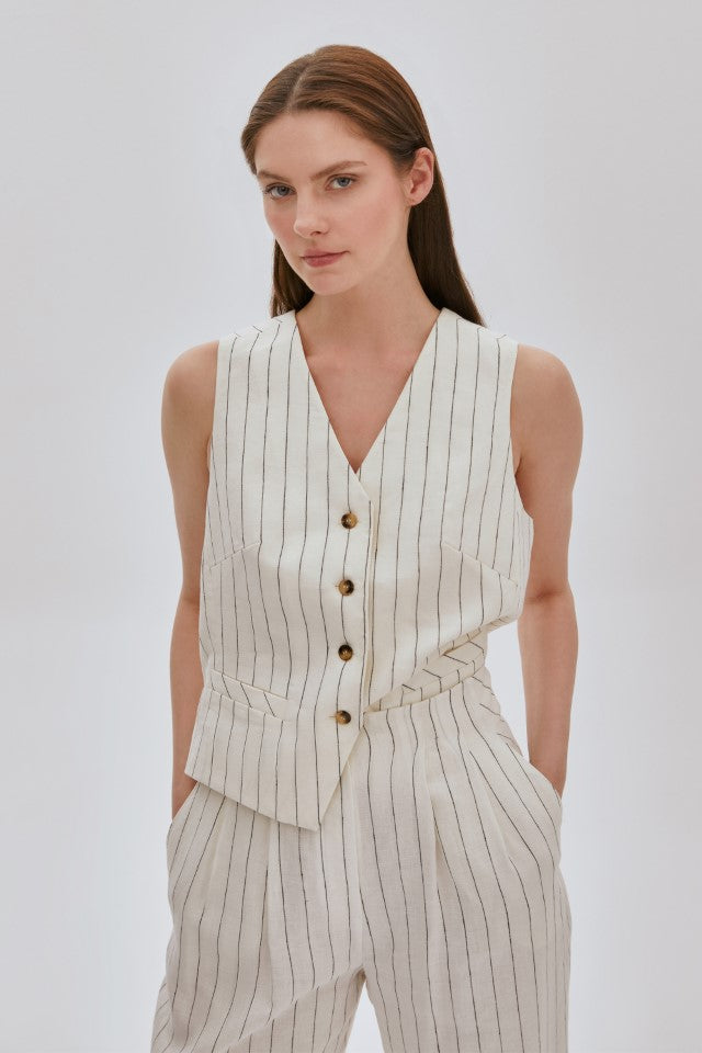 Çizgili Keten Havuç Pantolon EKRU