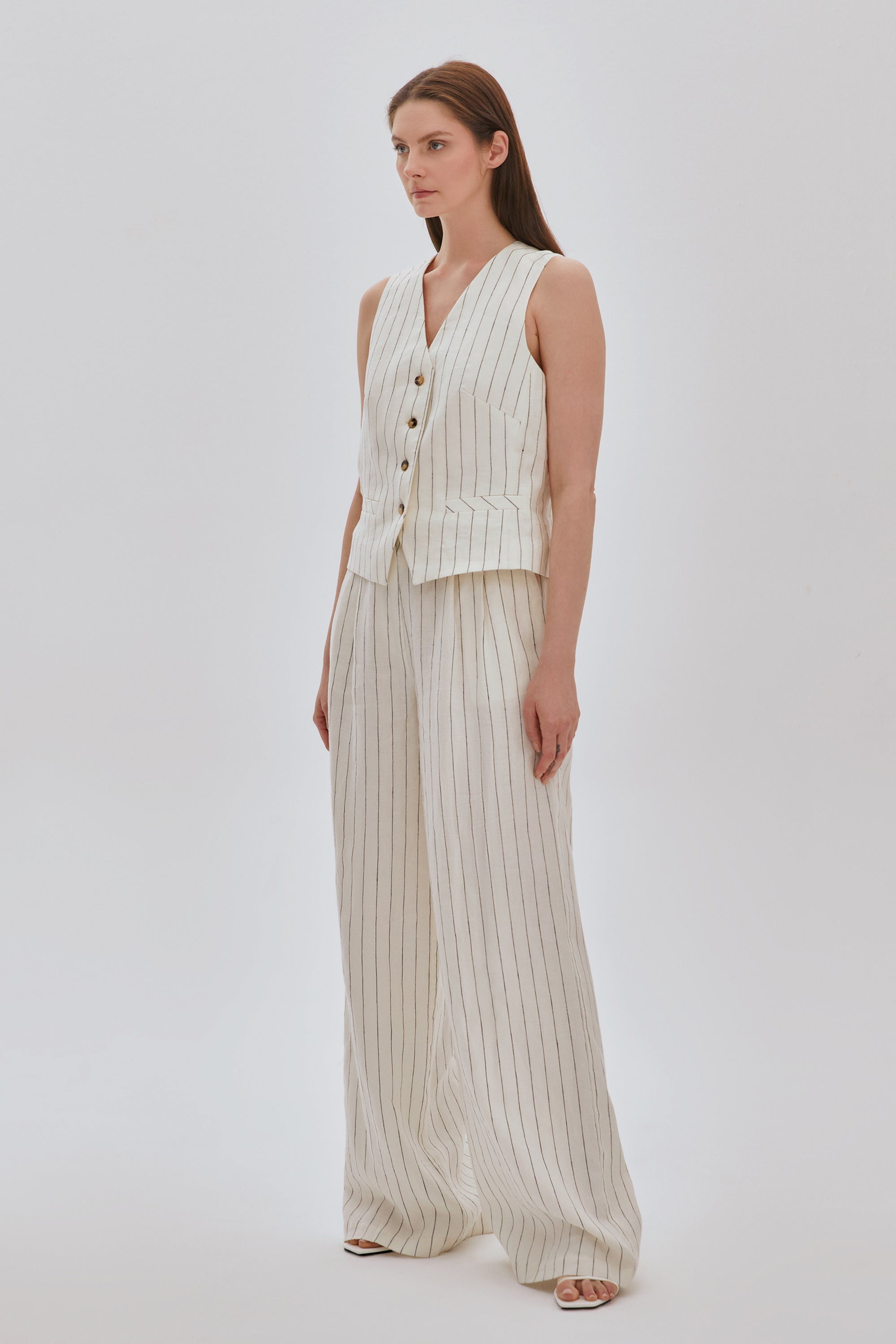 Çizgili Keten Yelek Pantolon Takım EKRU