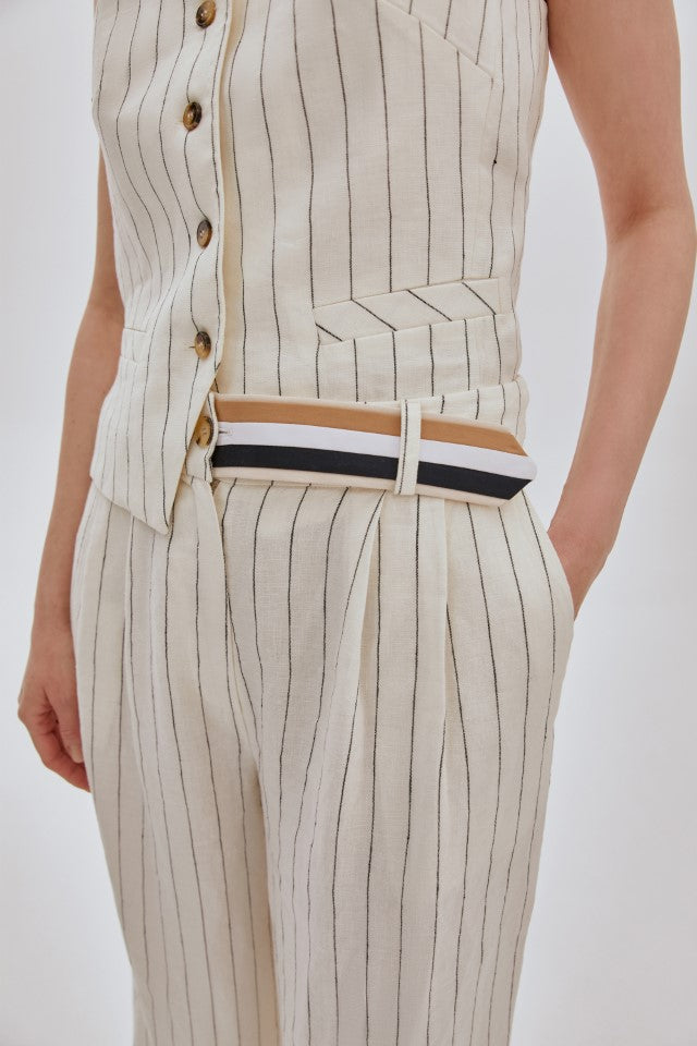 Çizgili Keten Yelek Pantolon Takım EKRU