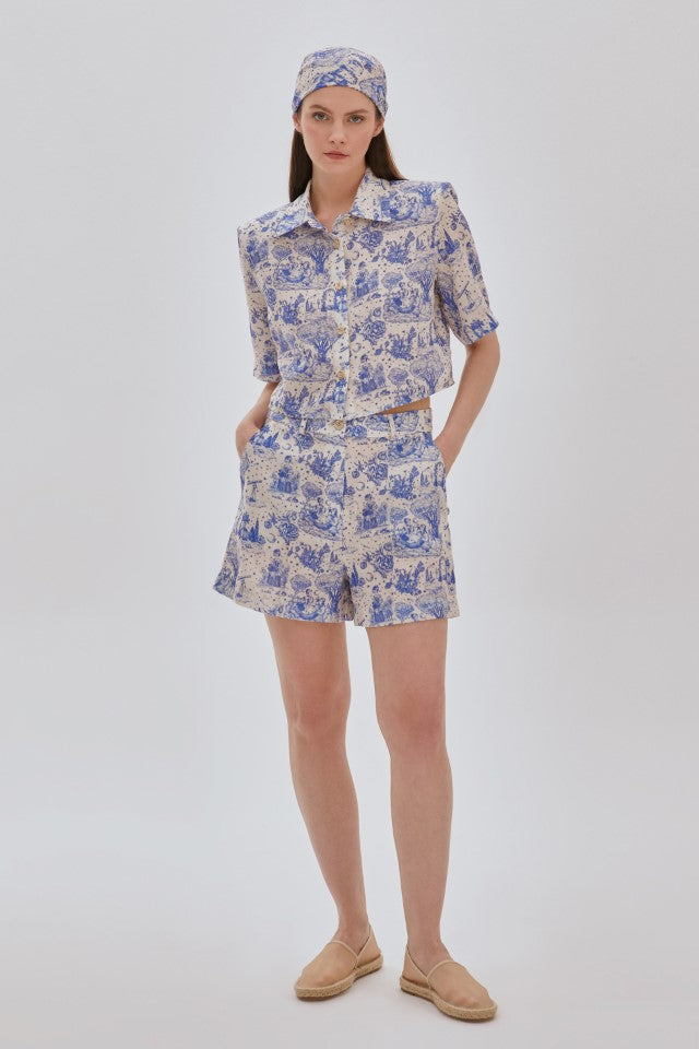 Desenli Gömlek Şort Takım Bej