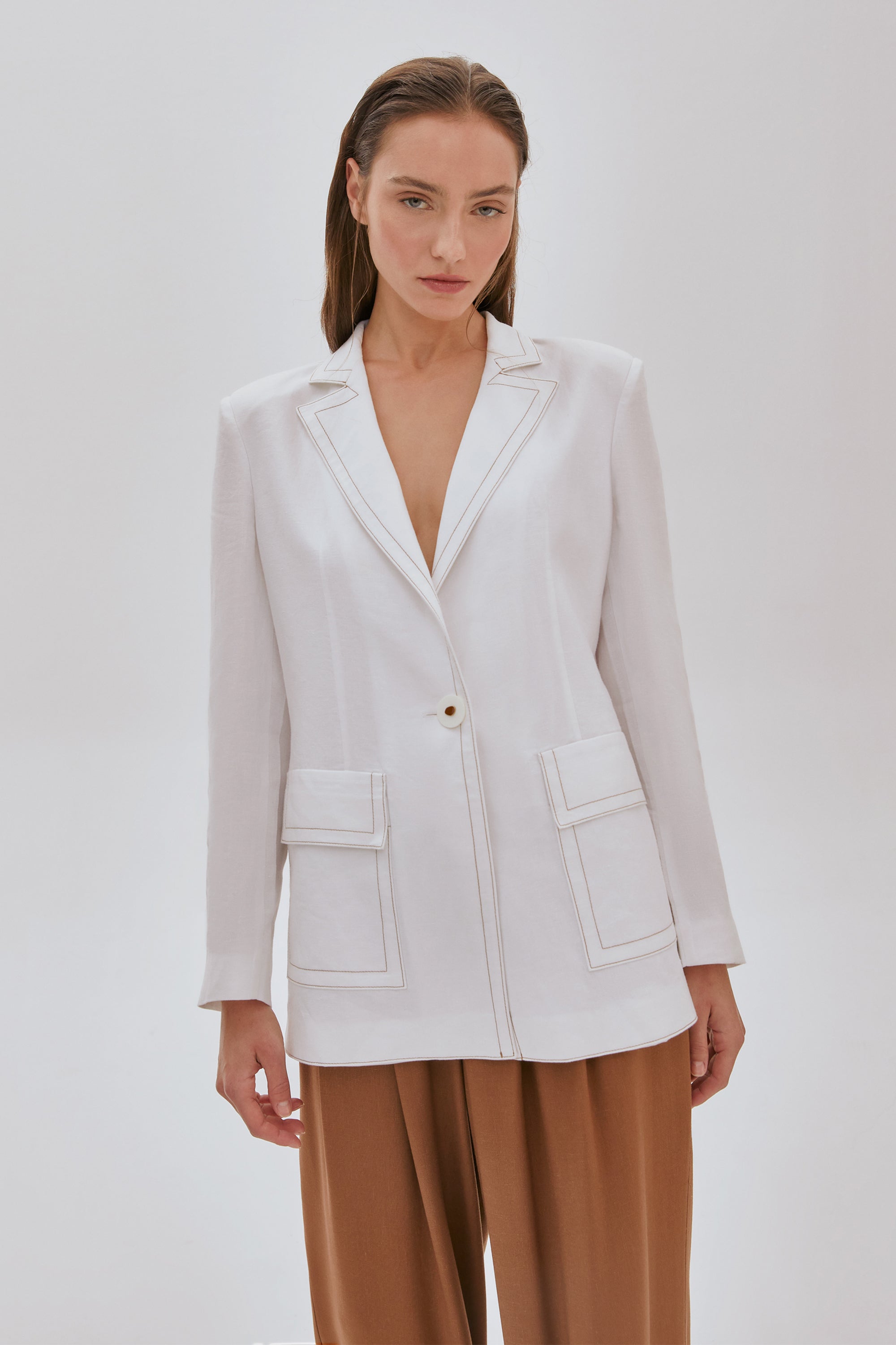 Dikiş Detaylı Cepli Keten Ceket BEYAZ