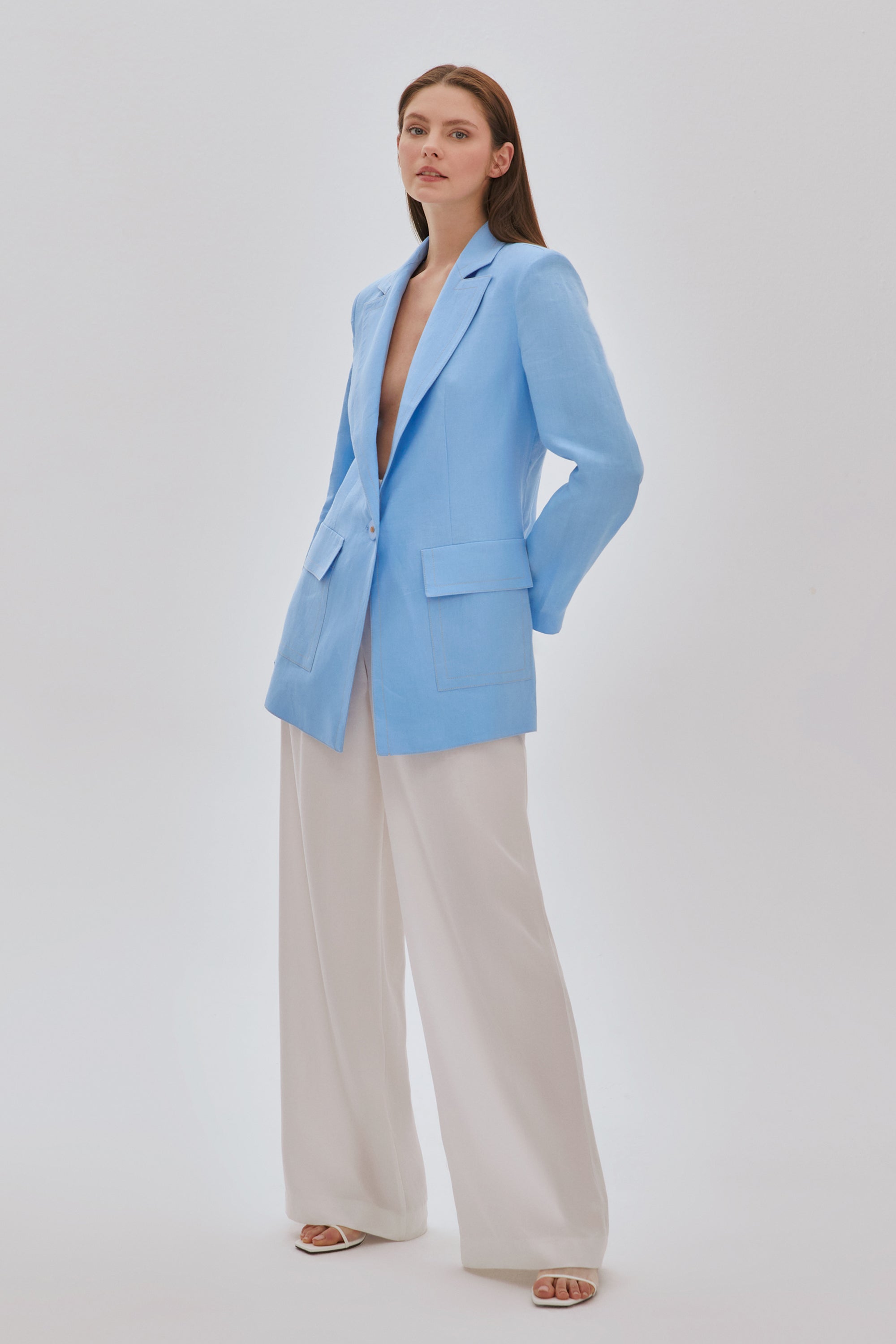 Dikiş Detaylı Cepli Keten Ceket MAVİ