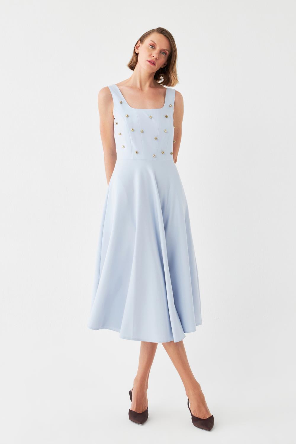 İnci Düğmeli Midi Elbise