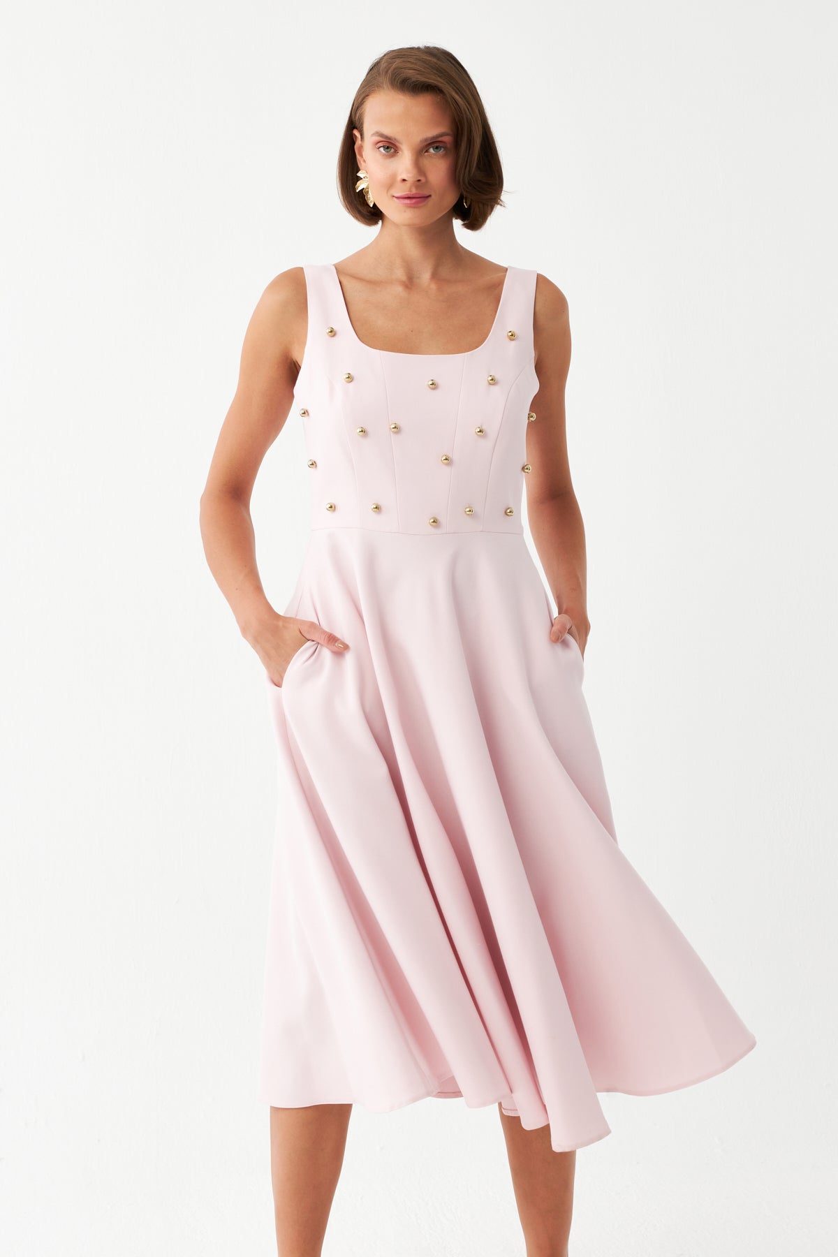 İnci Düğmeli Midi Elbise