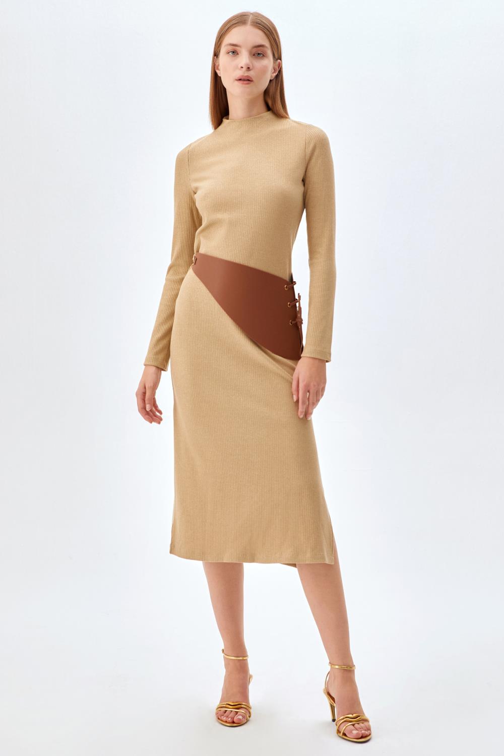 Kemerli, Bisiklet Yaka Elbise BEJ