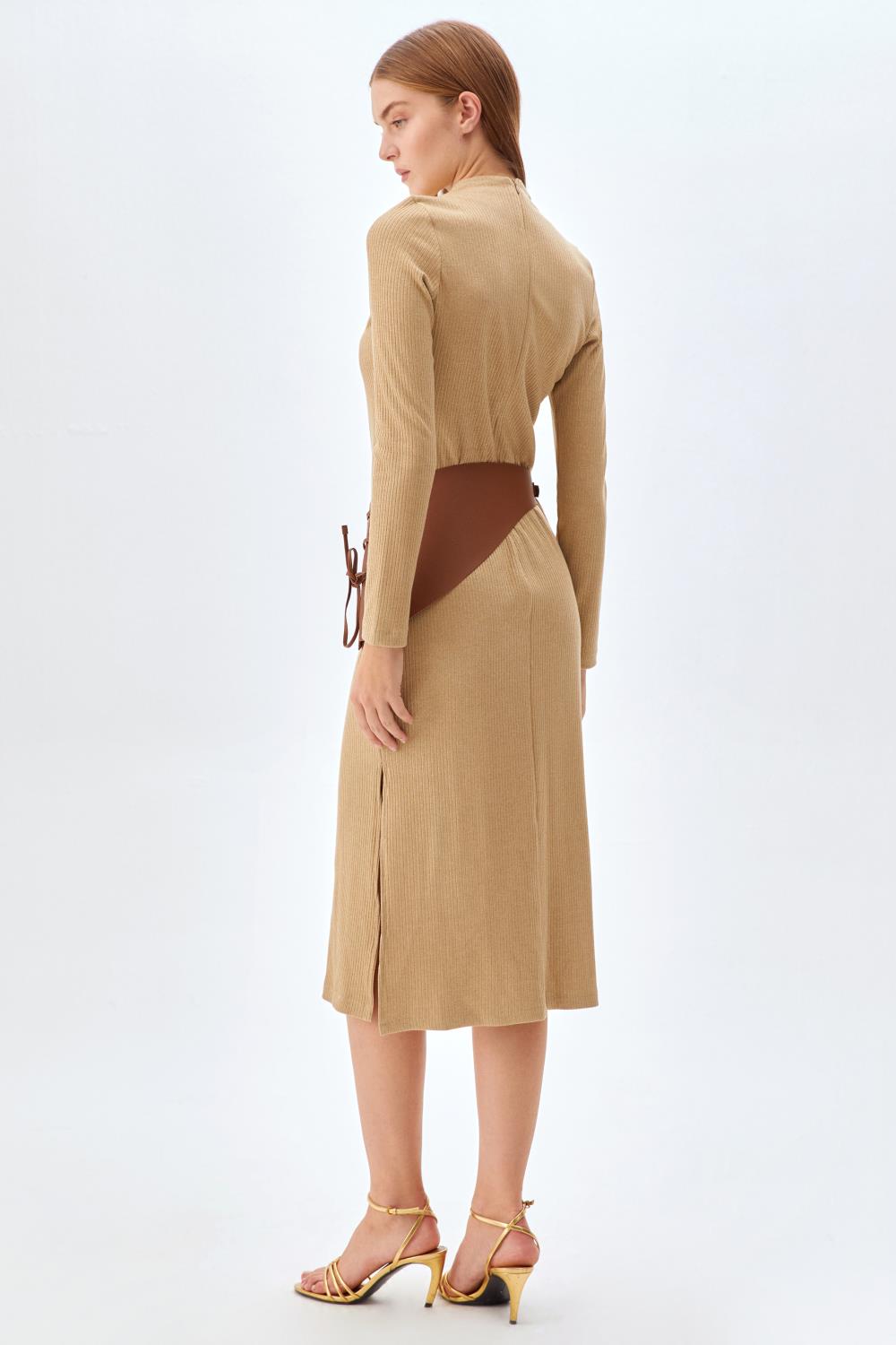 Kemerli, Bisiklet Yaka Elbise BEJ