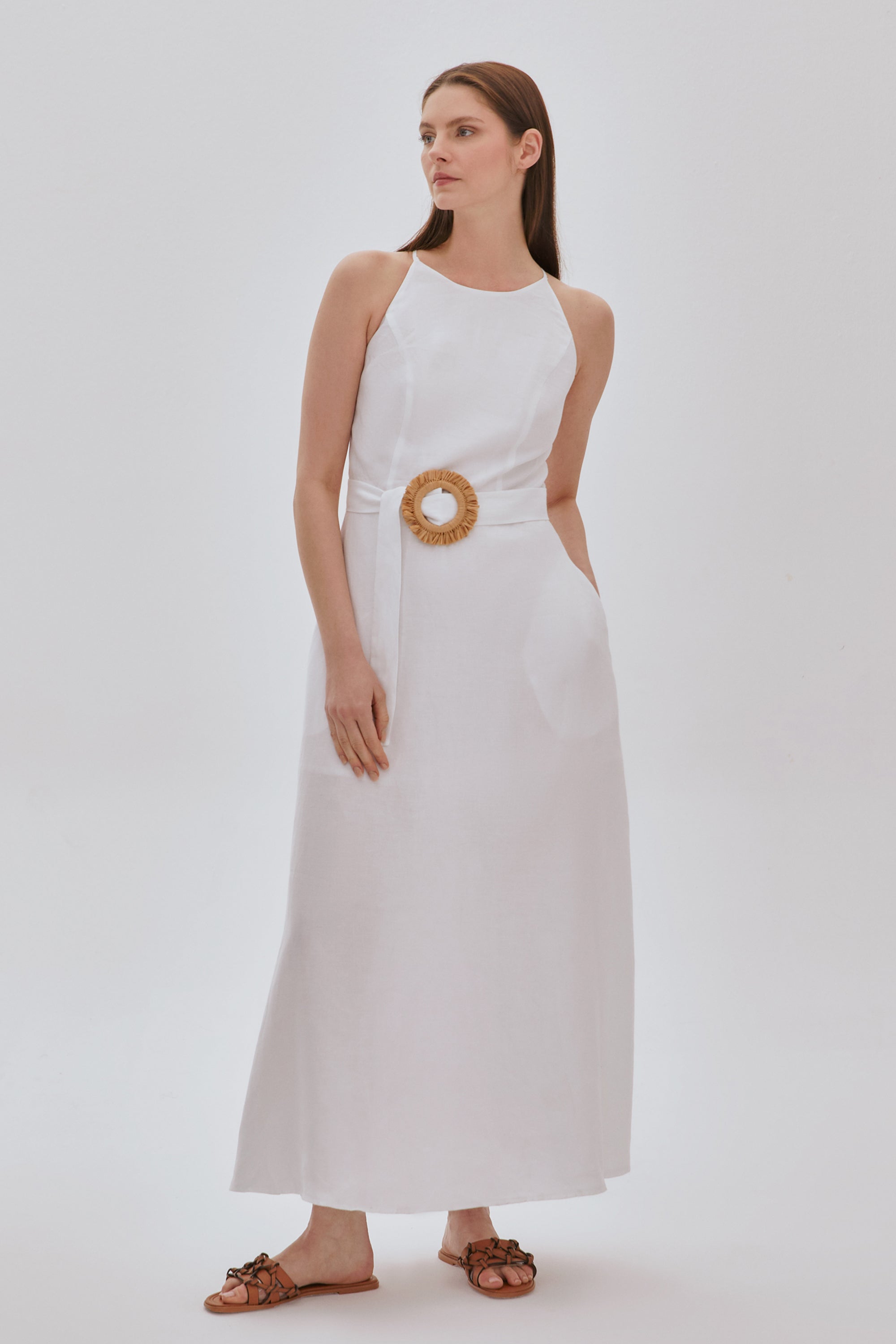 Kemerli Pamuk Midi Elbise BEYAZ