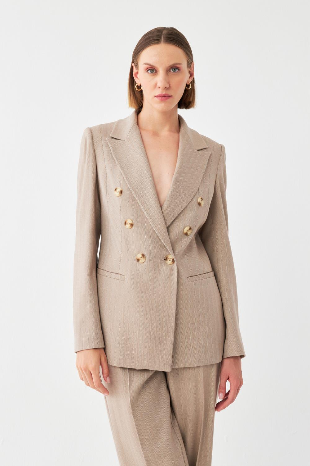 Klapa Çizgili Takım Elbise BEJ