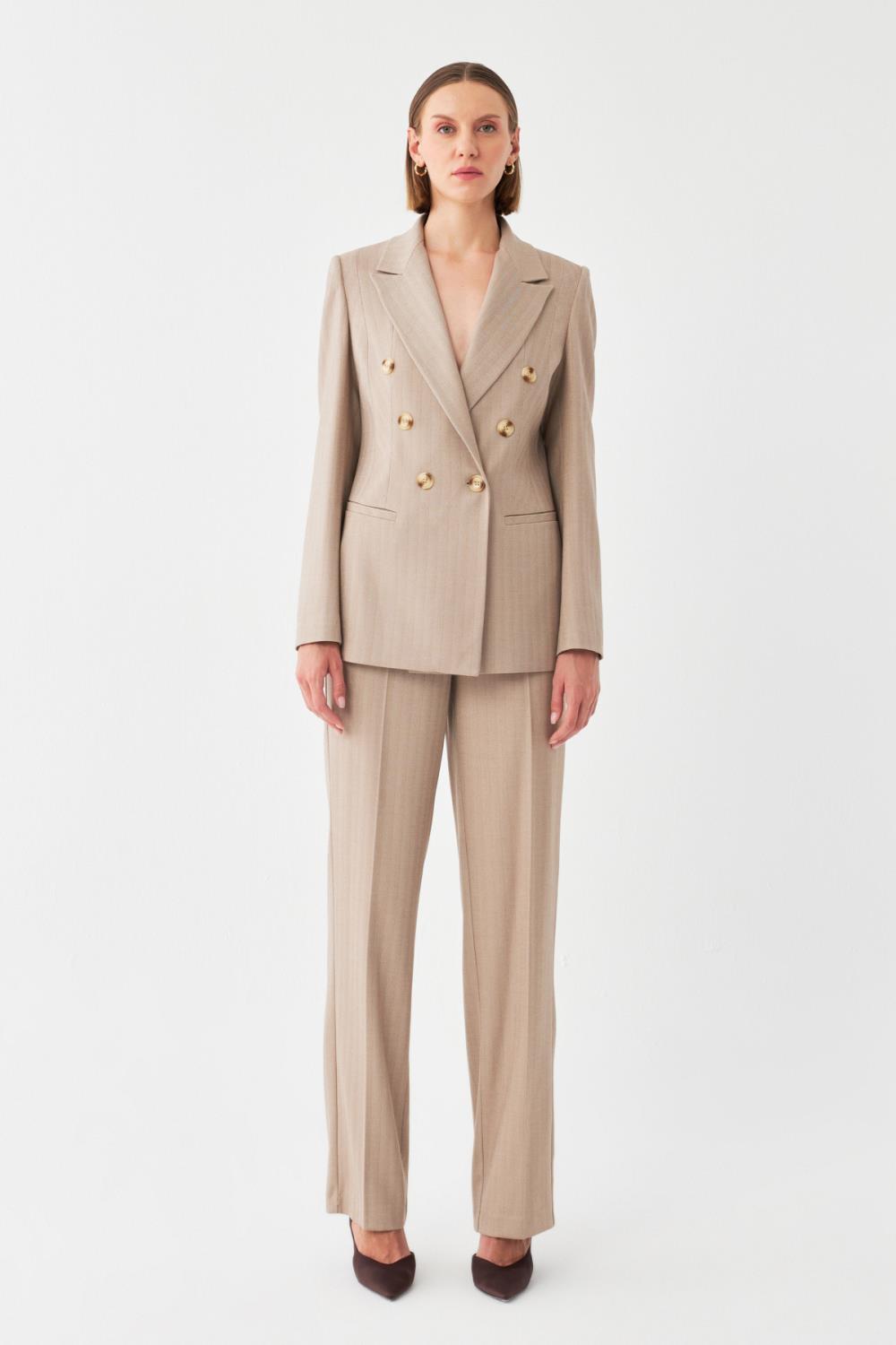 Klapa Çizgili Takım Elbise BEJ