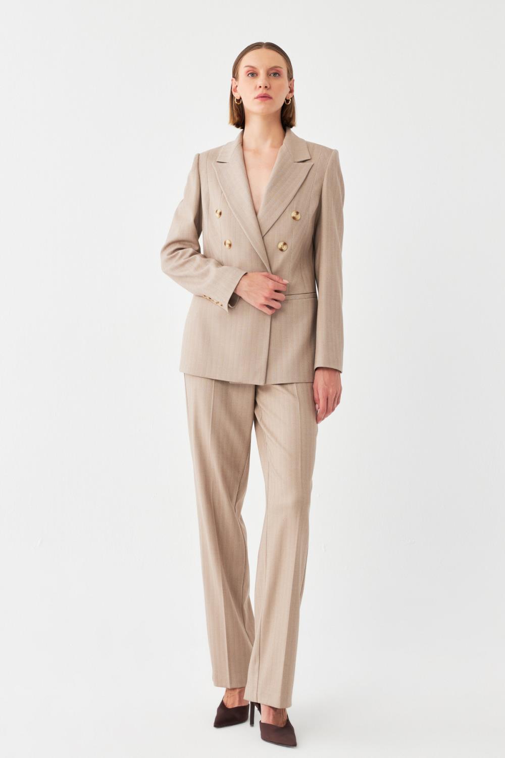 Klapa Çizgili Takım Elbise BEJ
