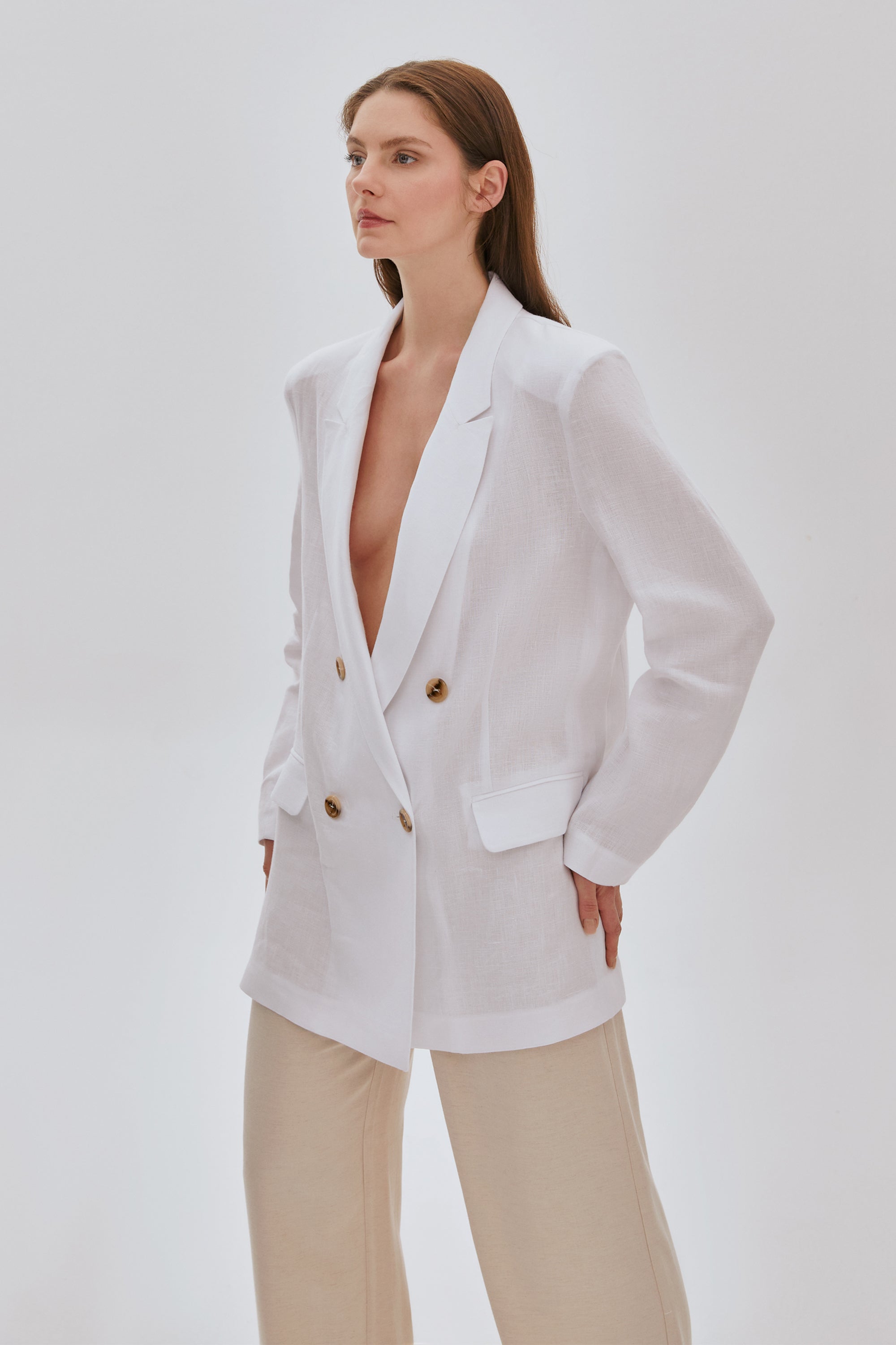 Kruvaze Oversize Keten Ceket Beyaz