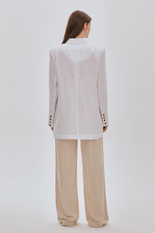 Kruvaze Oversize Keten Ceket Beyaz