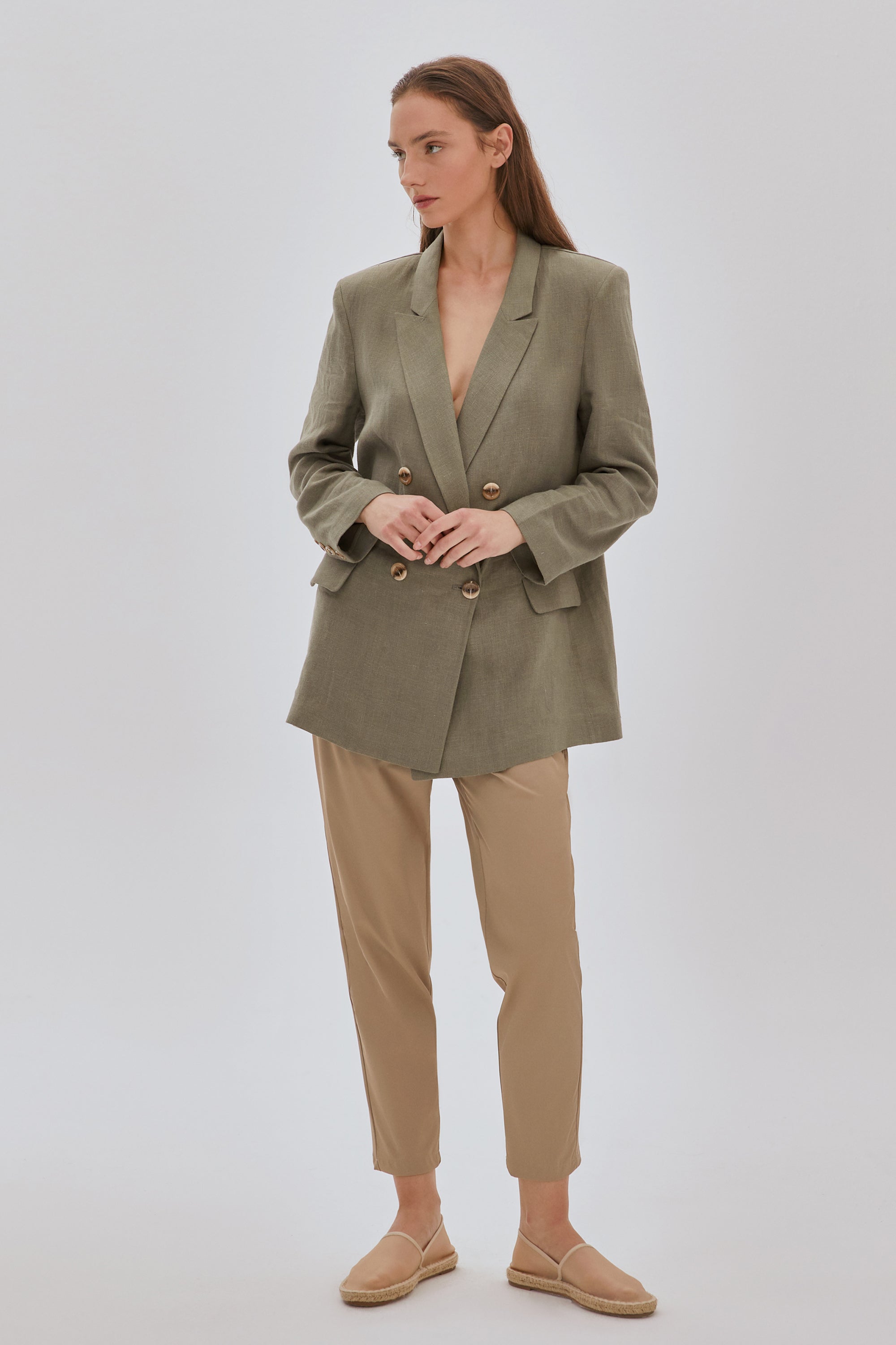 Kruvaze Oversize Keten Ceket HAKİ