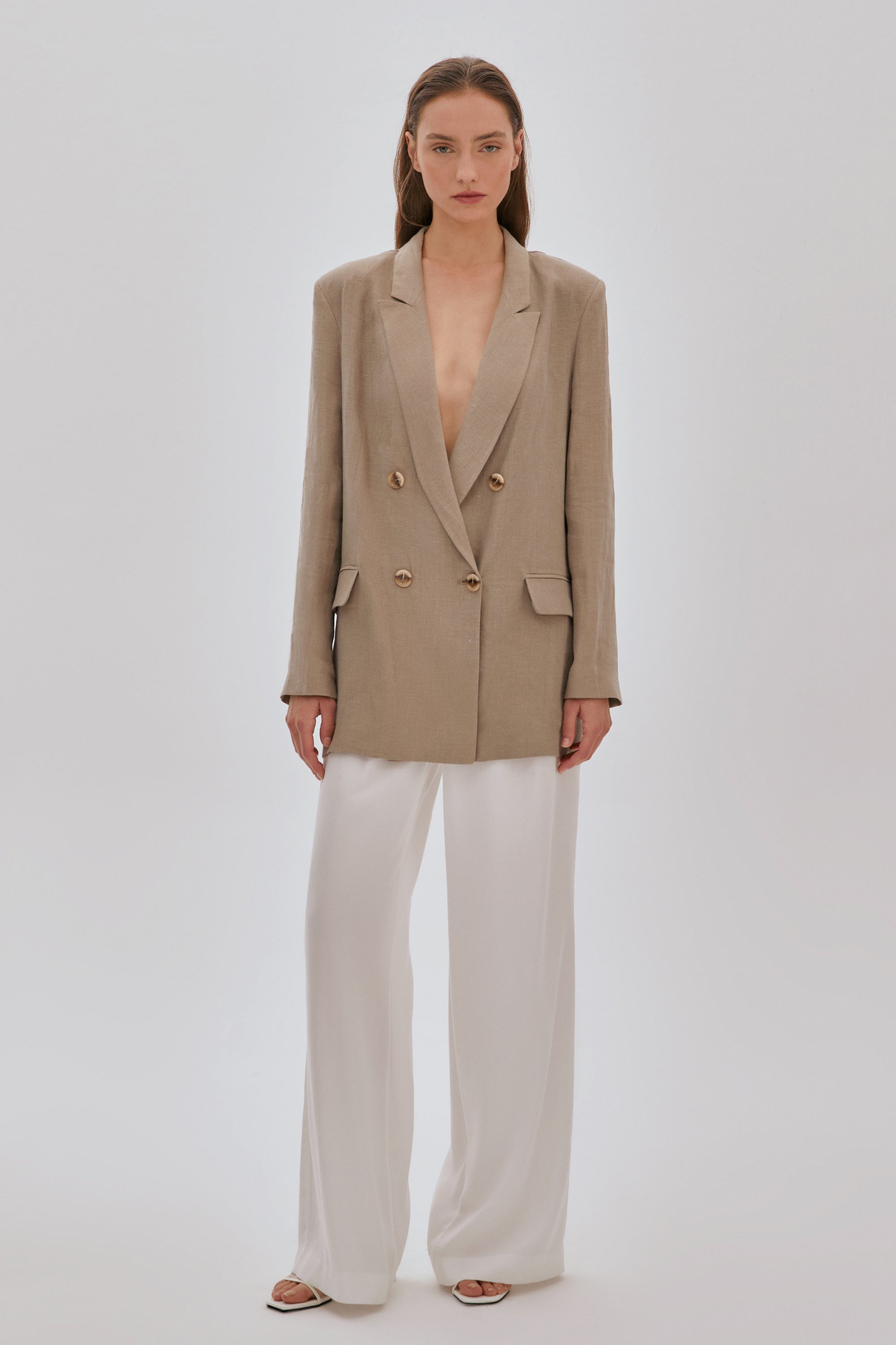 Kruvaze Oversize Keten Ceket Vizon