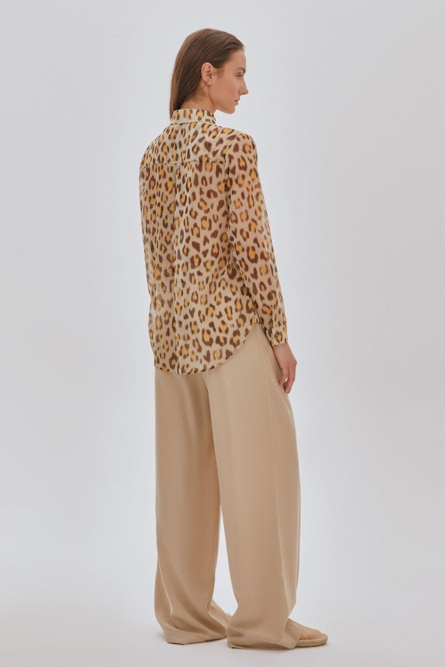 Leopar Desenli Şifon Gömlek Bej