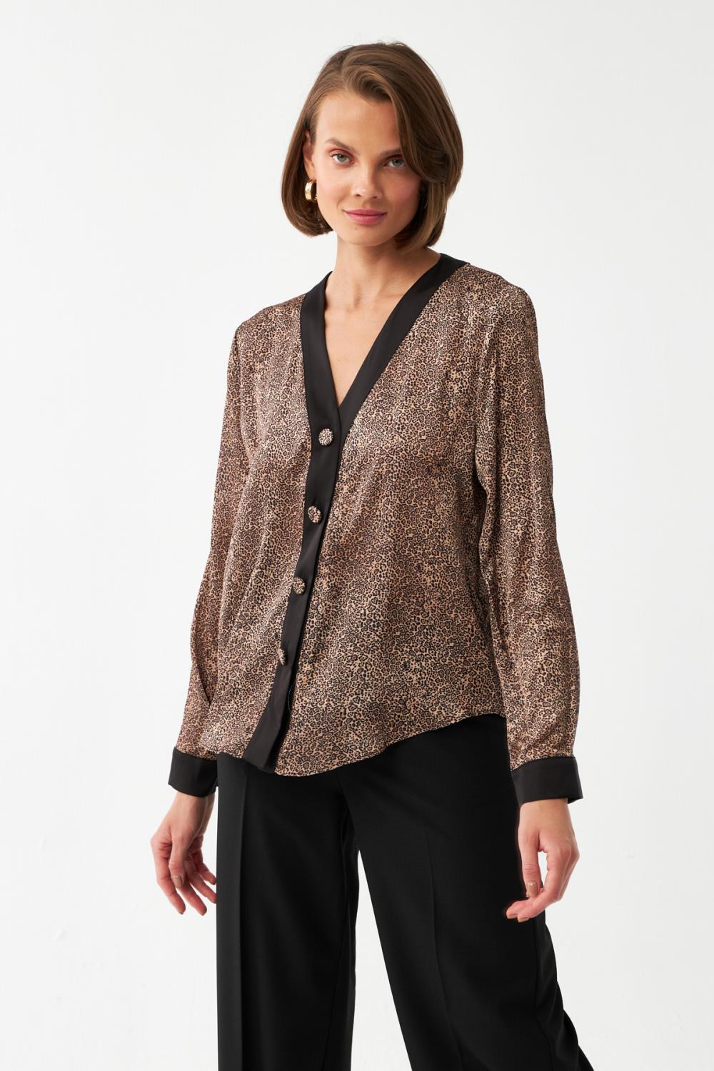 Leoparlı V Yaka Bluz