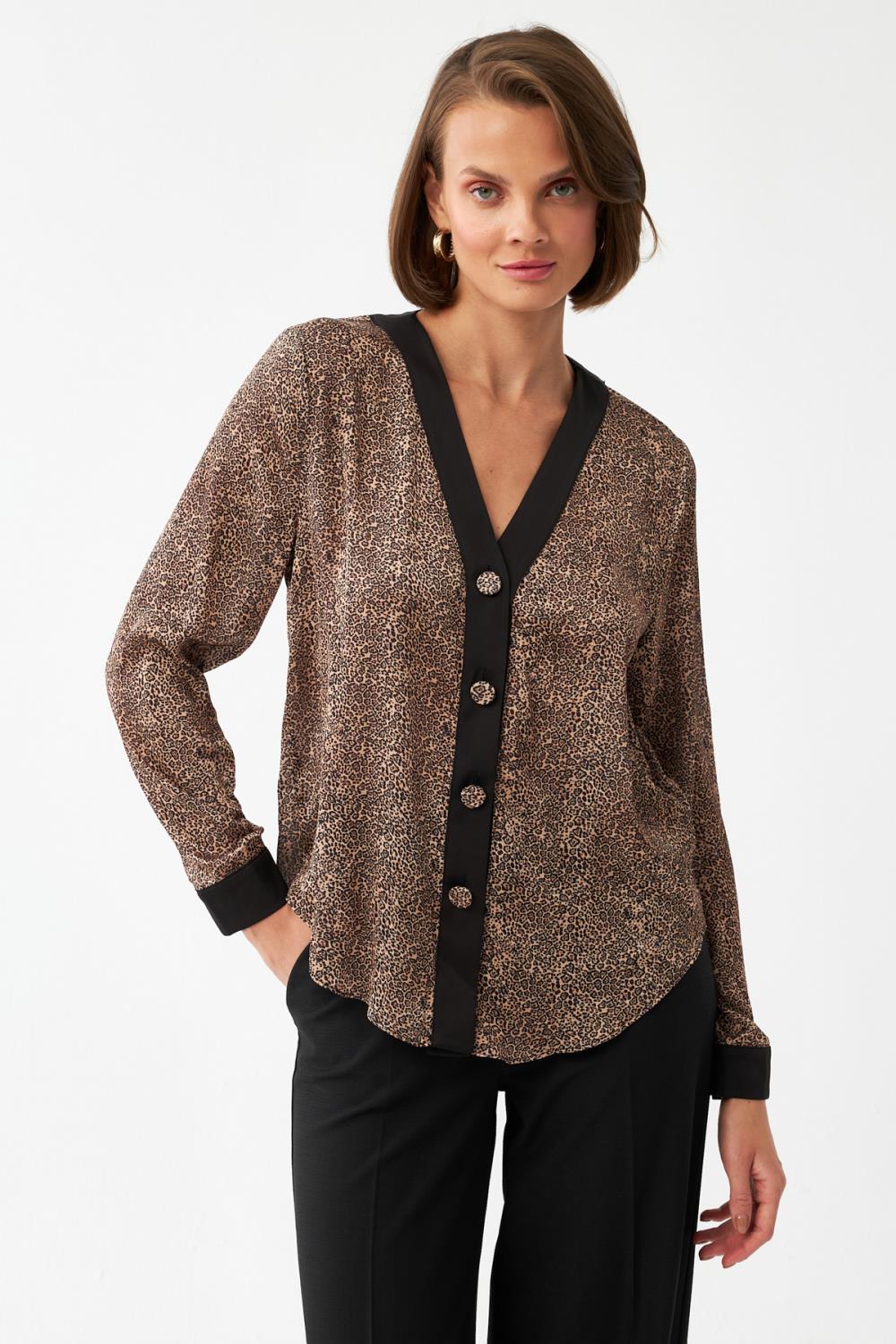 Leoparlı V Yaka Bluz