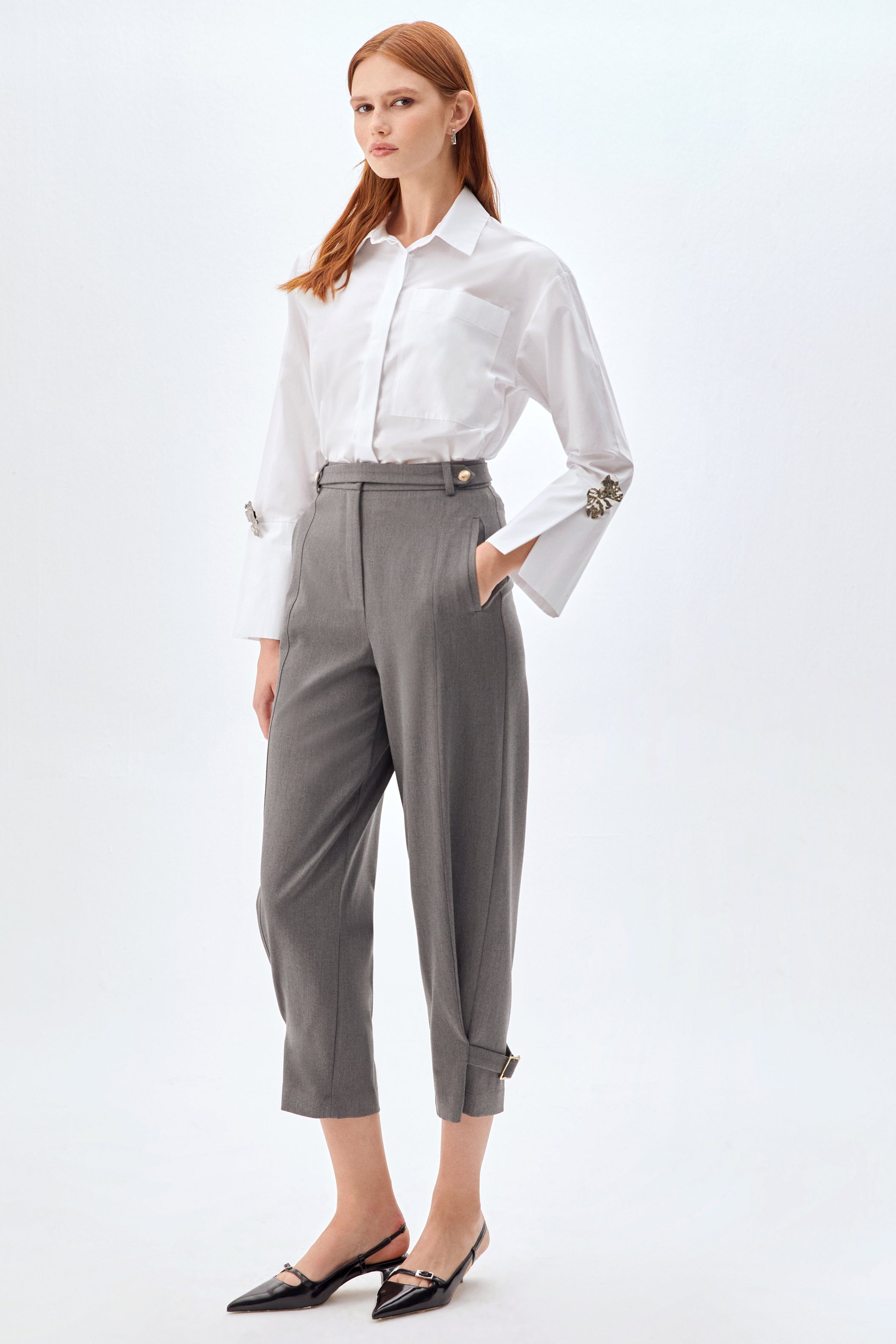 Paça Detaylı Bol Kesim Yüksek Bel Kadın Pantolon GRİ