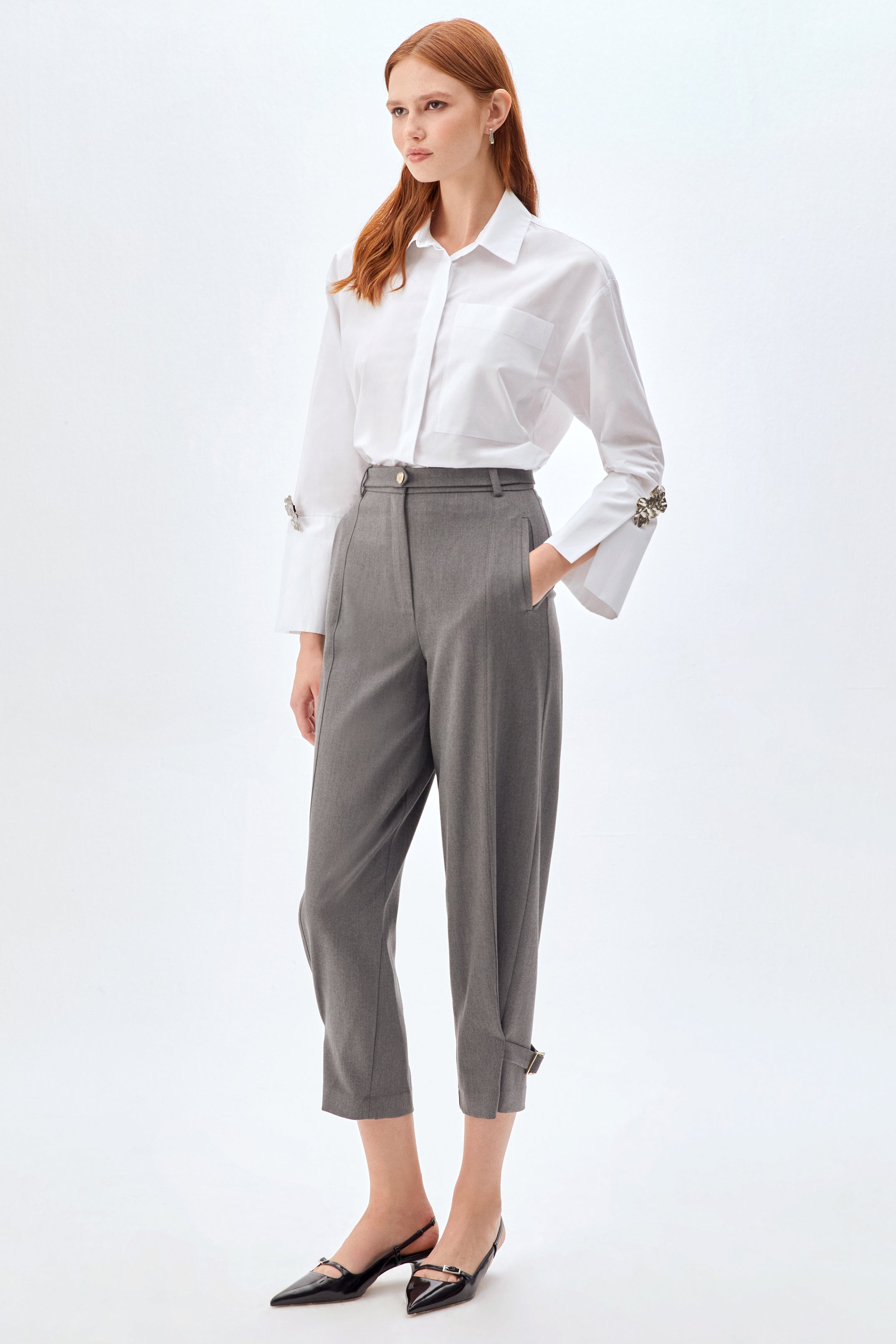 Paça Detaylı Bol Kesim Yüksek Bel Kadın Pantolon GRİ