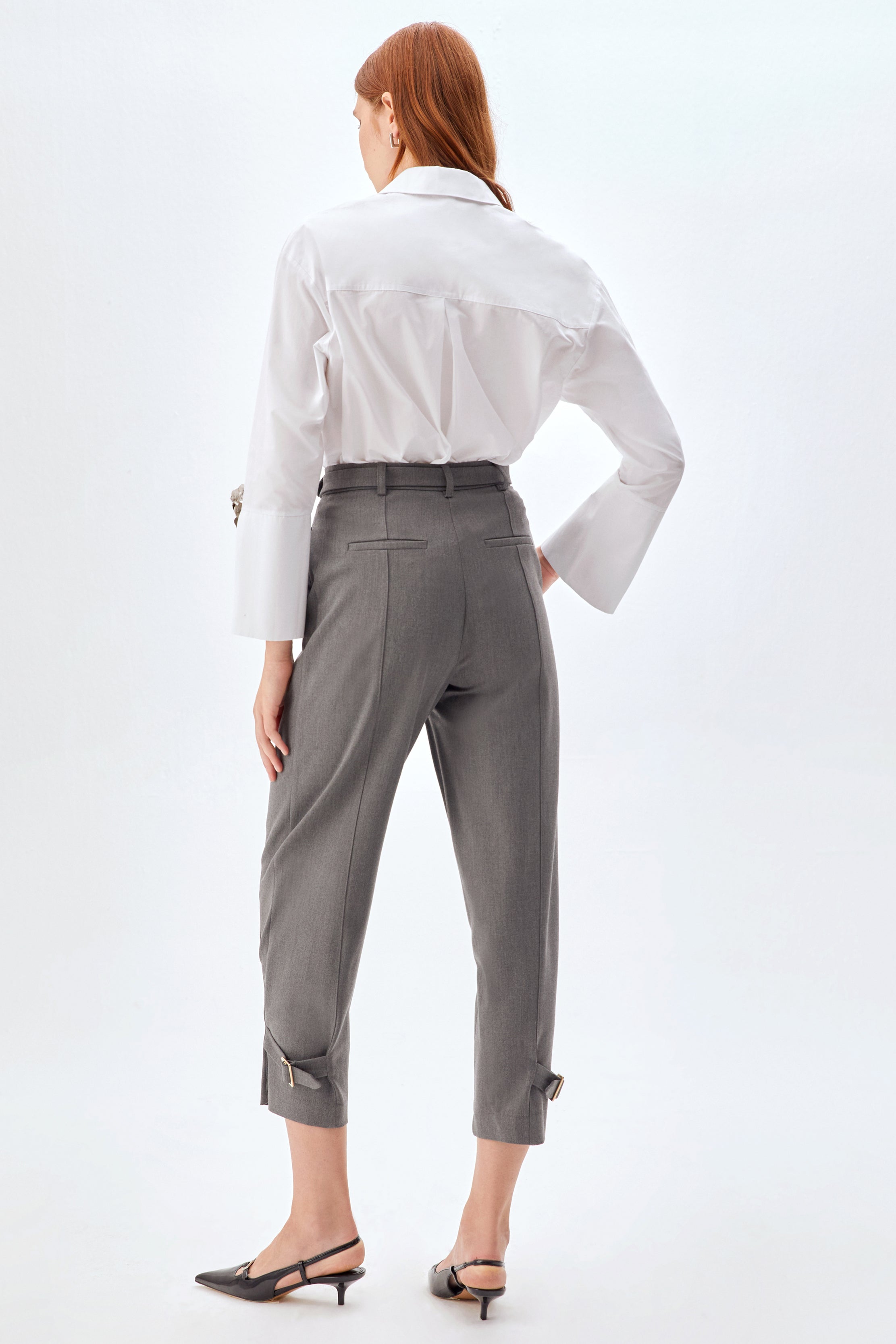 Paça Detaylı Bol Kesim Yüksek Bel Kadın Pantolon GRİ