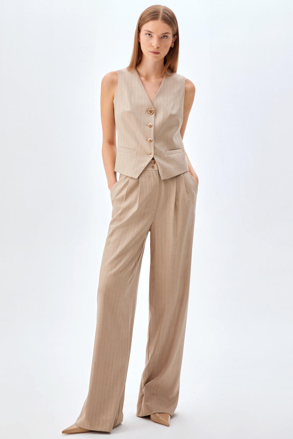 Palazzo Pantolon Yelek Takım BEJ