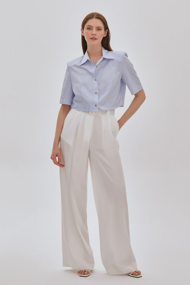 Pileli Tencel Palazzo Pantolon Beyaz