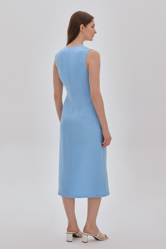 PUANTİYE DESENLİ FİYONK DETAYLI ELBİSE MAVİ