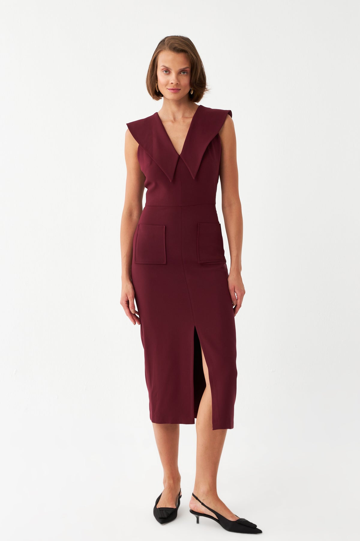 Sırt Dekolteli Midi Elbise BORDO