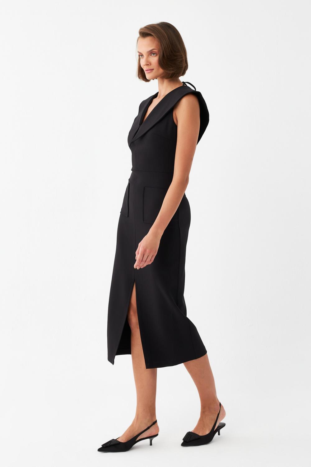 Sırt Dekolteli Midi Elbise SİYAH