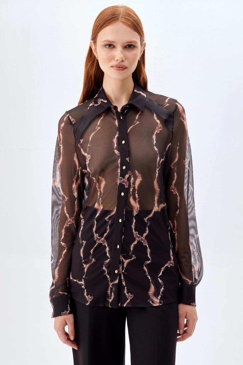 Soyut Desenli Transparan Gömlek