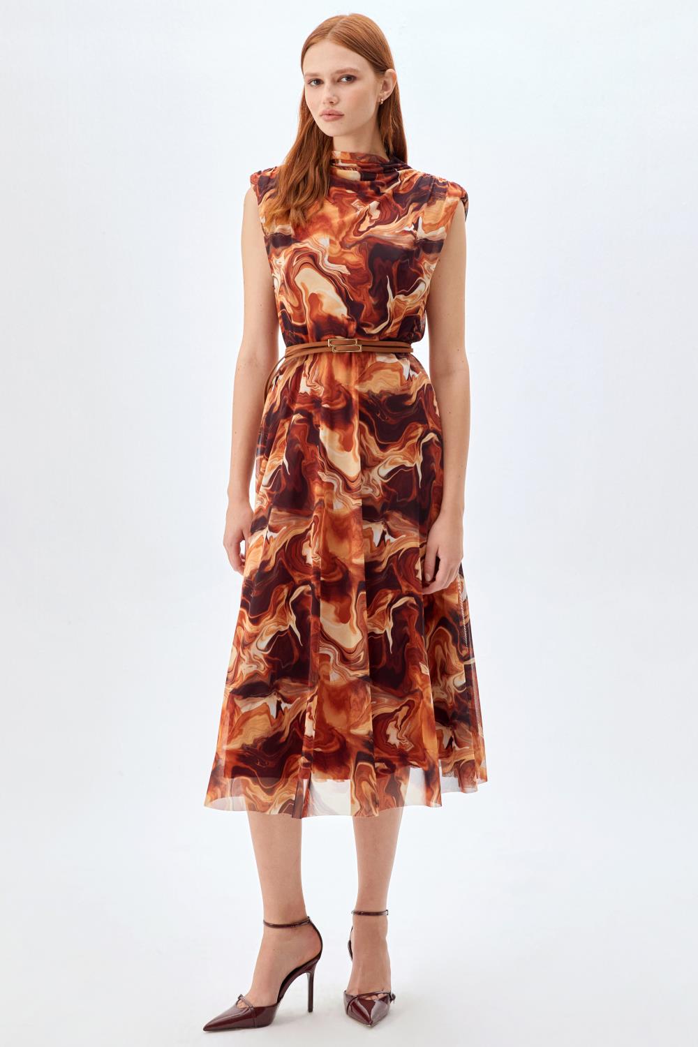 Soyut Desenli Midi Elbise KAHVERENGİ