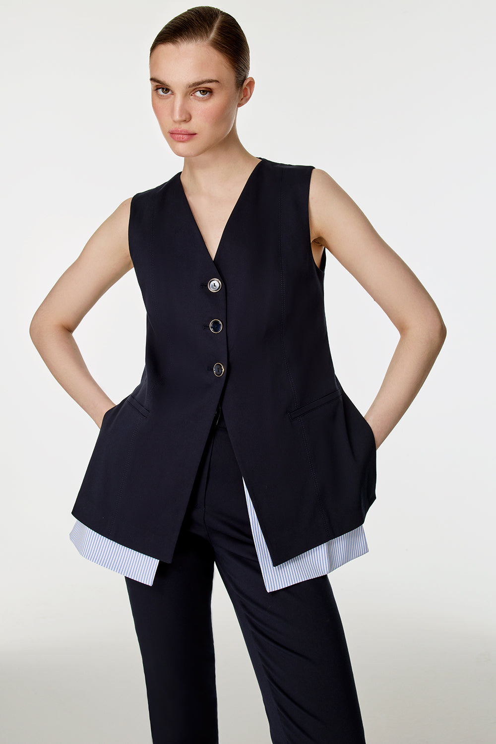 Çizgili Garnili Yelekli Takım LACİVERT