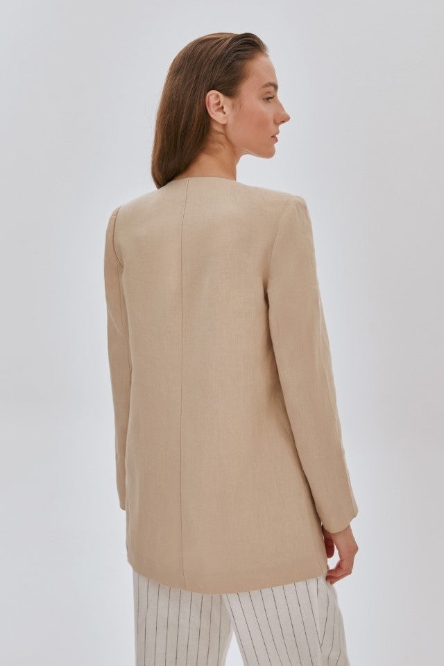 Tek Düğmeli Yakasız Keten Ceket Bej
