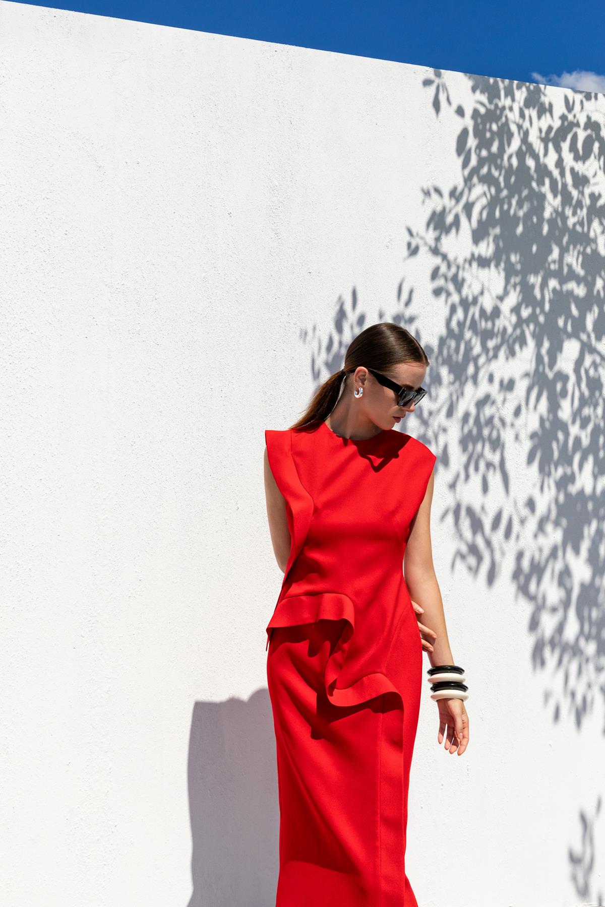 VOLANLI MİDİ ELBİSE 26W40809