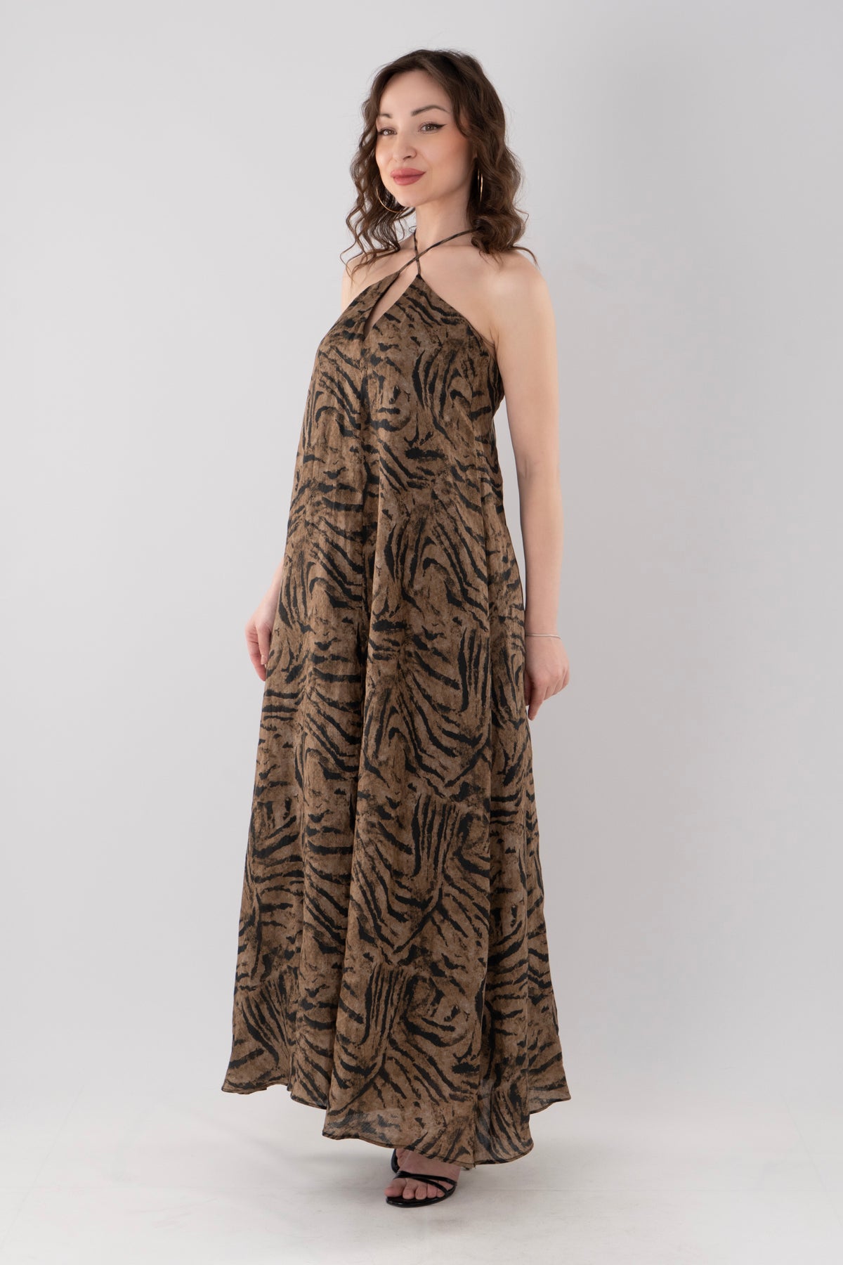 Sırt Dekolteli Animal Print Maxi Elbise - Çapraz Bağcıklı