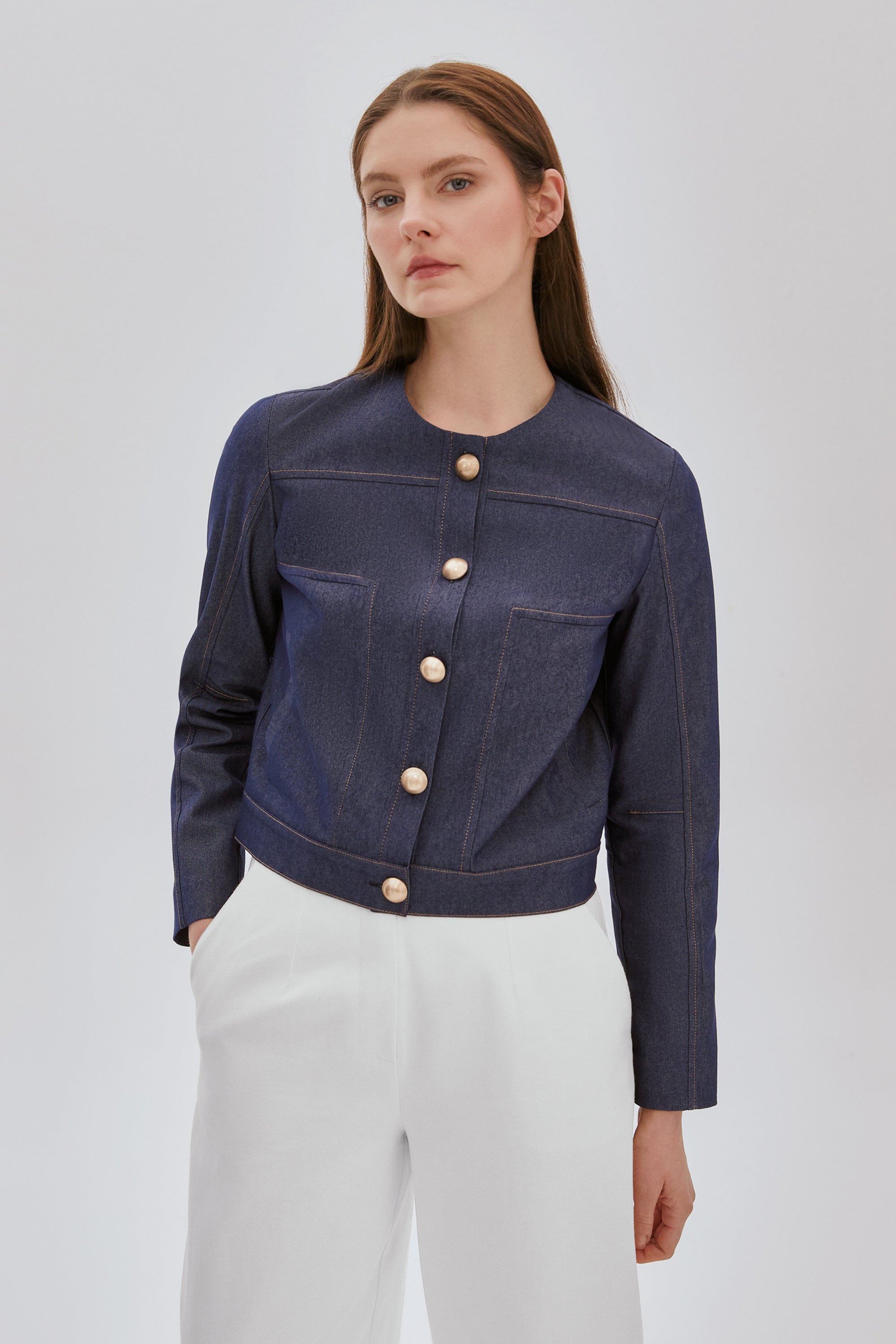 Yakasız Denim Ceket Lacivert