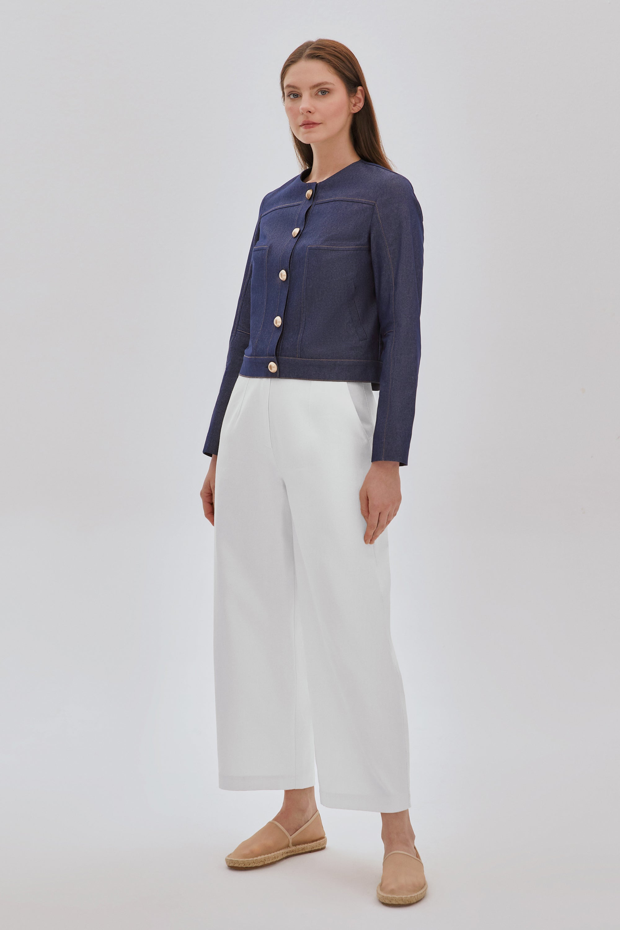 Yakasız Denim Ceket Lacivert