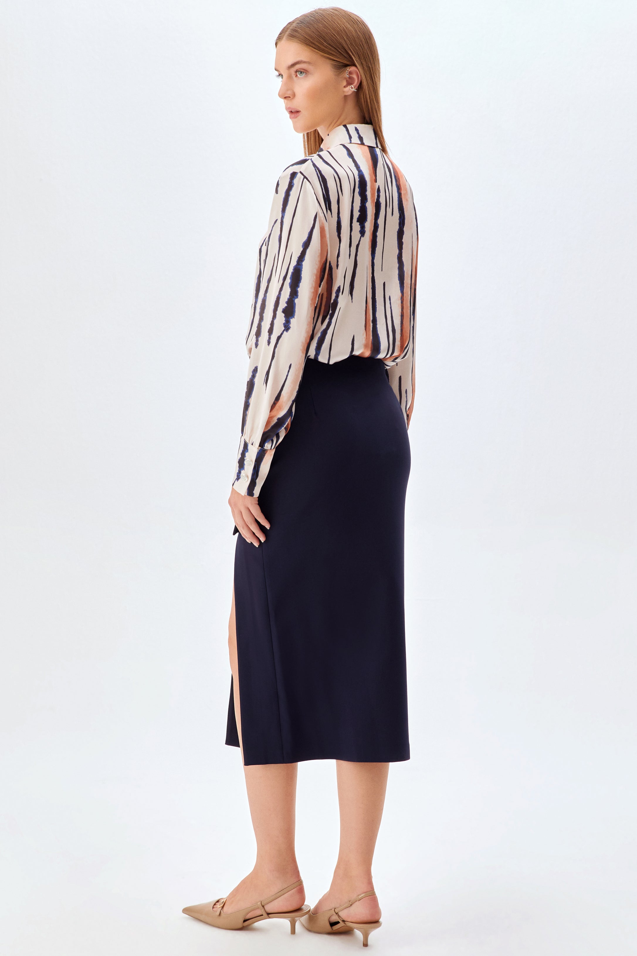 Yırtmaçlı Düz Kesim Midi Etek LACİVERT