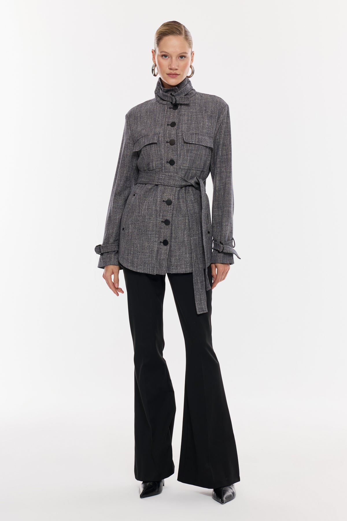 Kruvaze Kuşaklı Gri Kadın Ceket