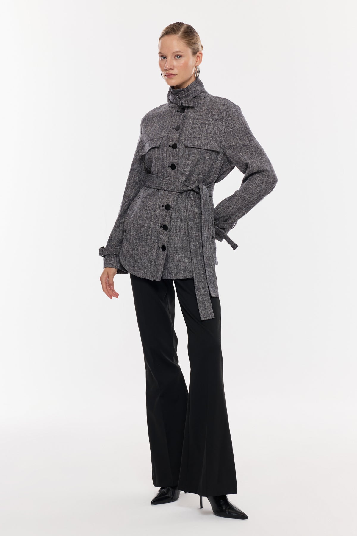 Kruvaze Kuşaklı Gri Kadın Ceket