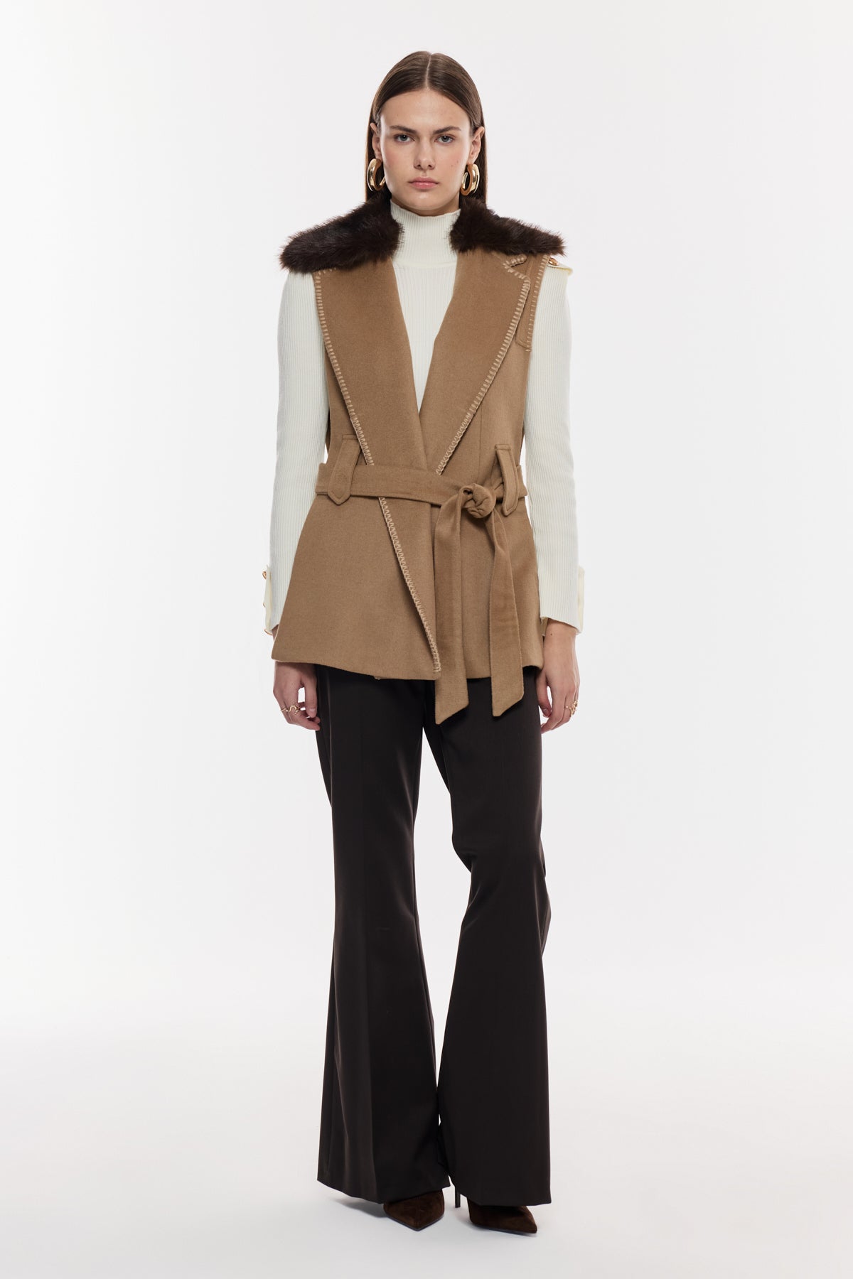 Kürk Yaka Kuşaklı Şık Yelek